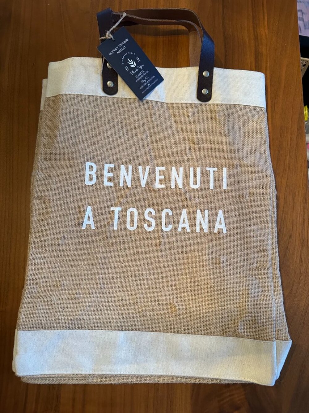 Natural Jute Market Tote Bag w. Brown Leather Handles "Benvenuti a Toscana" NWT!